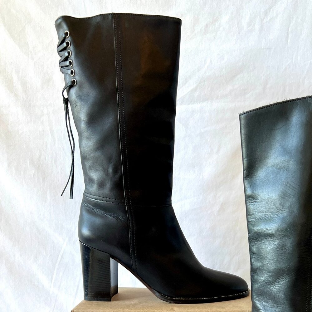 Coach Coty Boots,  Black Leather Back Laces, Mid-Calf  Size 10, Made in Italy EC